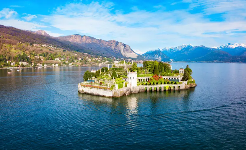 Isola Bella and Stresa town aerial panoramic view. Isola Bella is one of the Borromean Islands of Lago Maggiore in north Italy.